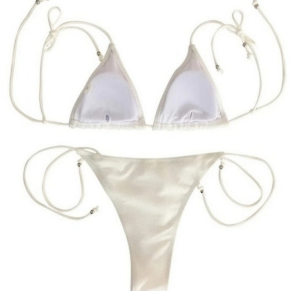 New White Ribbed Tie Shoulder Tie Side Triangle Bikini Set Swimsuit Size XL - Picture 5 of 5